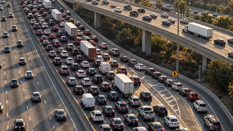 Bumper-to-bumper traffic backed up across every lane of a freeway interchange
