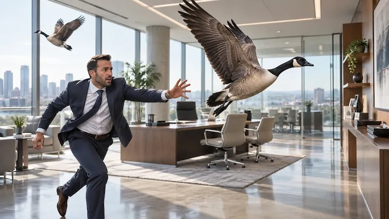 A man in a suit chasing a goose through an office