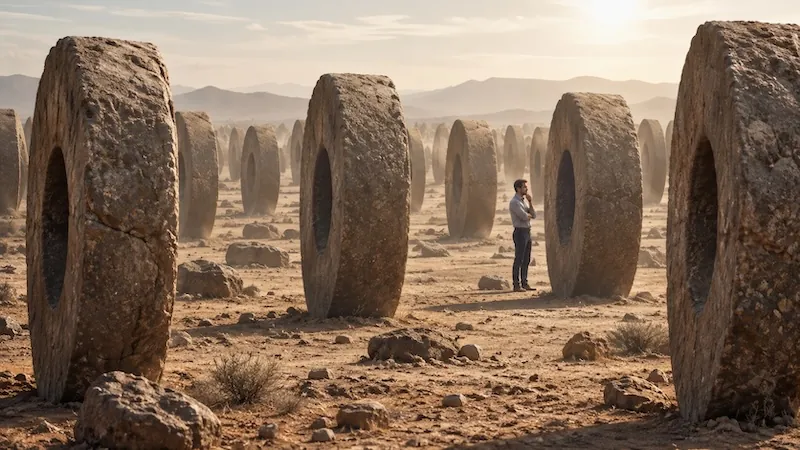 A man standing among rows of identical giant stone wheels stretching across a desert