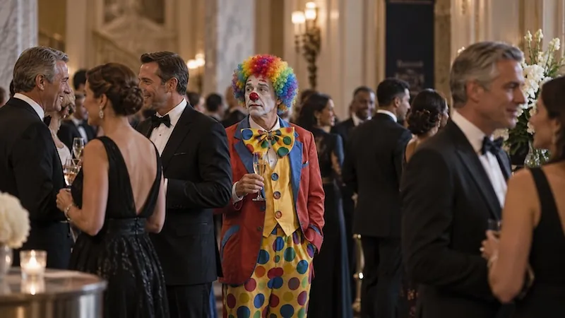 A man in a full clown costume holding a champagne glass at a black-tie reception