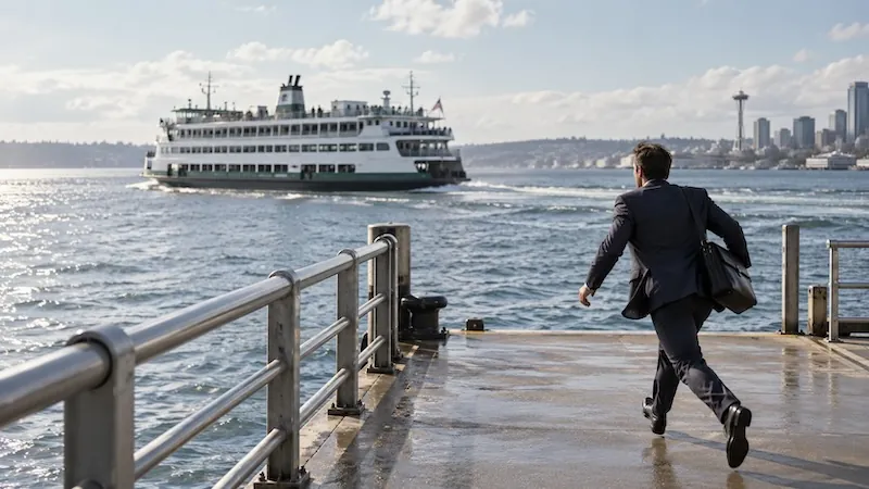 A man in a suit running down a pier as the ferry pulls away from the dock