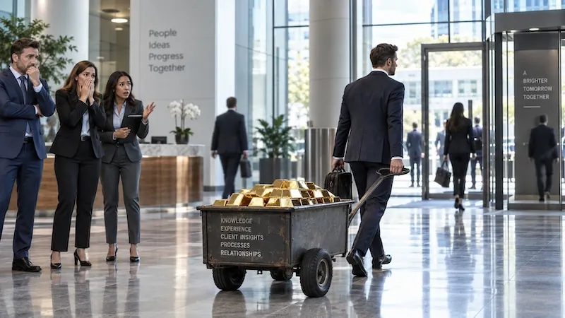 A departing employee wheeling a cart of gold bars labeled knowledge, experience, client insights, processes, and relationships out of an office lobby while colleagues look on in alarm