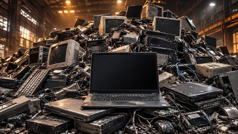 A working laptop perched on a mountain of discarded computers, monitors, and cables in a warehouse