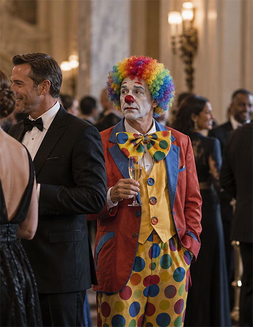 A man in a full clown costume holding a champagne glass at a black-tie reception — one of the eight illustrated signs in the guide.