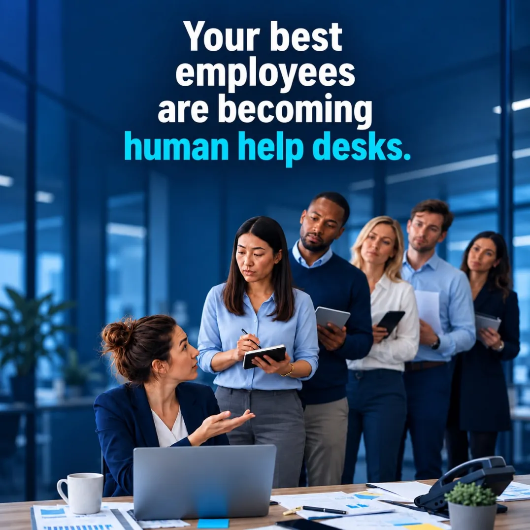 Caption reading "Your best employees are becoming human help desks." Below it, a seated employee explains something to a colleague taking notes while four more coworkers wait in line behind them, tablets and papers in hand.