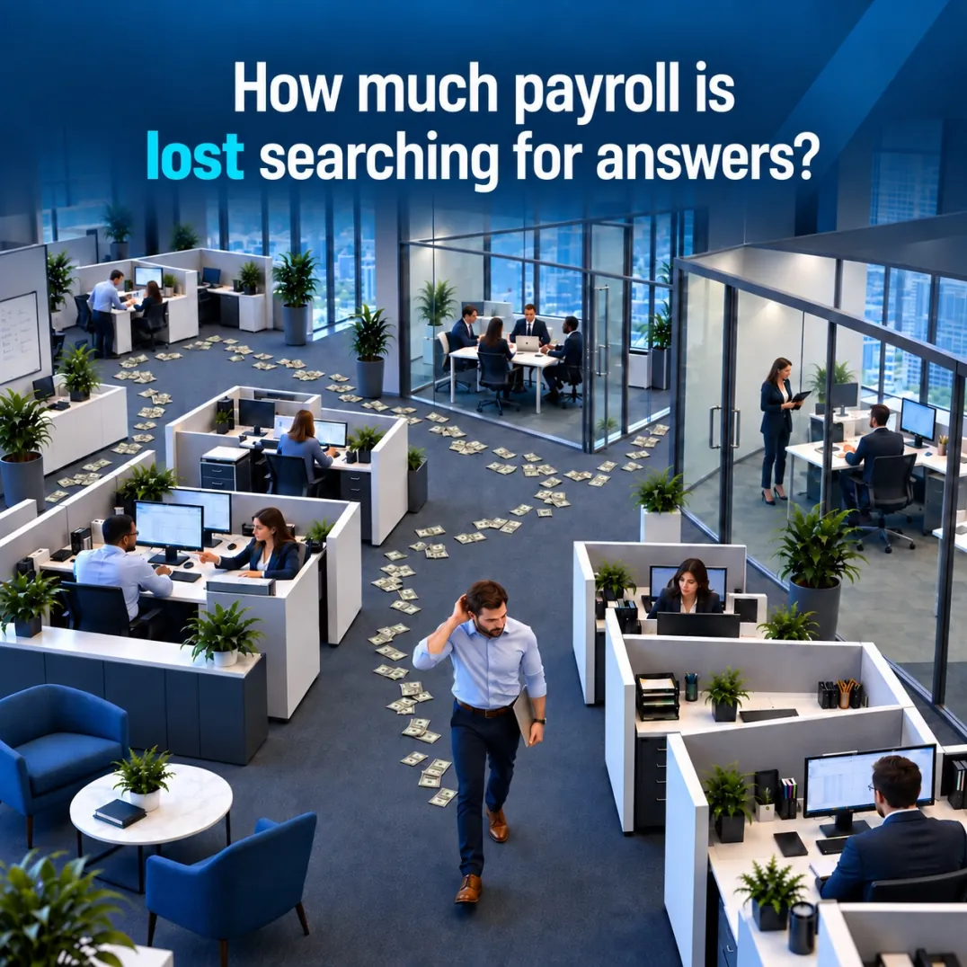 Caption reading "How much payroll is lost searching for answers?" Below it, an overhead view of a busy open-plan office where an employee walks between cubicles scratching his head, a laptop tucked under one arm, leaving a trail of scattered banknotes across the carpet behind him.