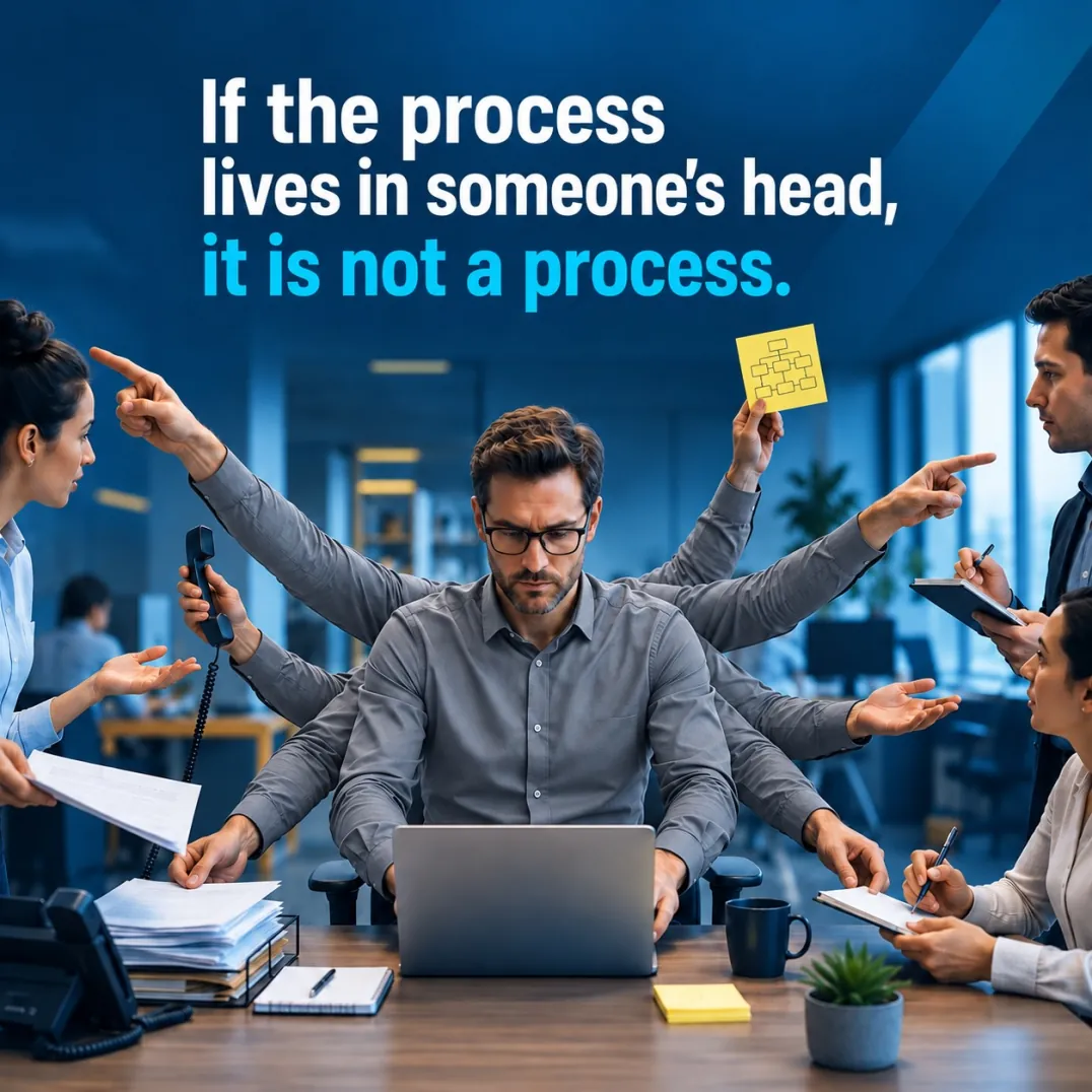Caption reading "If the process lives in someone's head, it is not a process." Below it, a seated employee with six arms simultaneously fields a phone call, a stack of paperwork, a sticky-note flowchart, and questions from four coworkers crowding his desk.